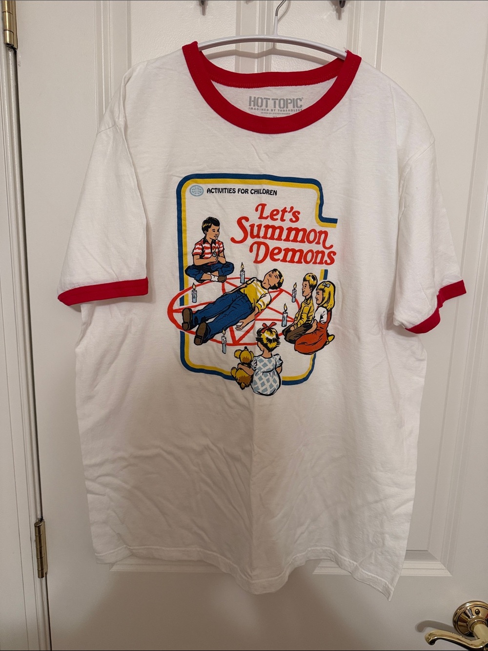 Hot Topic White & Red 'Let's Summon Demons' Graphic Ringer Tee